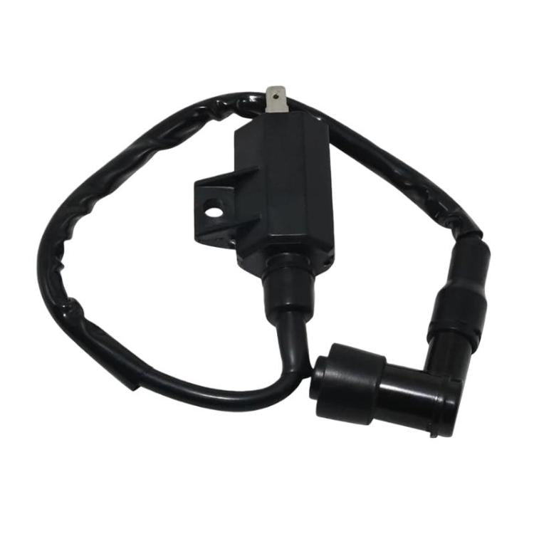Ignition coil with mounting bracket, black wires, and plug connector, motorcycle