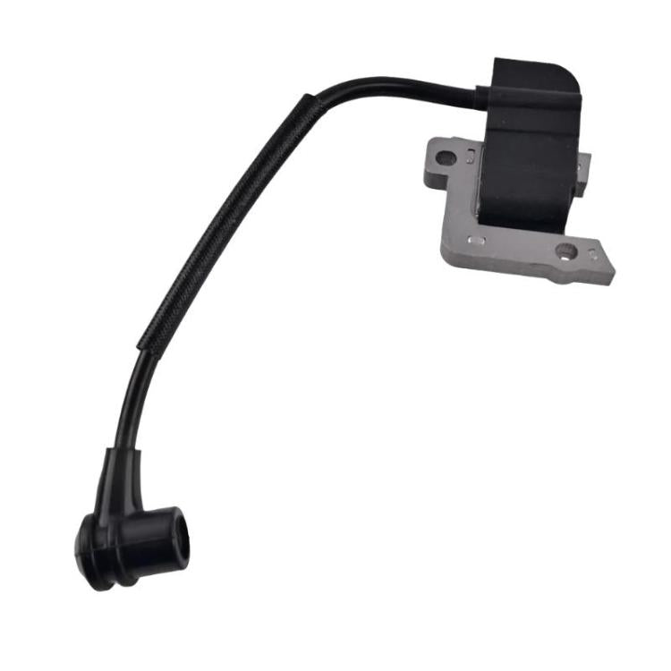 Ignition coil with black lead wire and metal mounting plate with screw holes