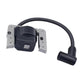 Ignition coil assembly with black coil housing, metal brackets, and spark lead