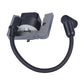 Ignition coil with black rubber boot, metal bracket, and coiled wire lead