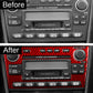Car stereo center with black-to-red radio panel trim sticker, carbon-fiber style