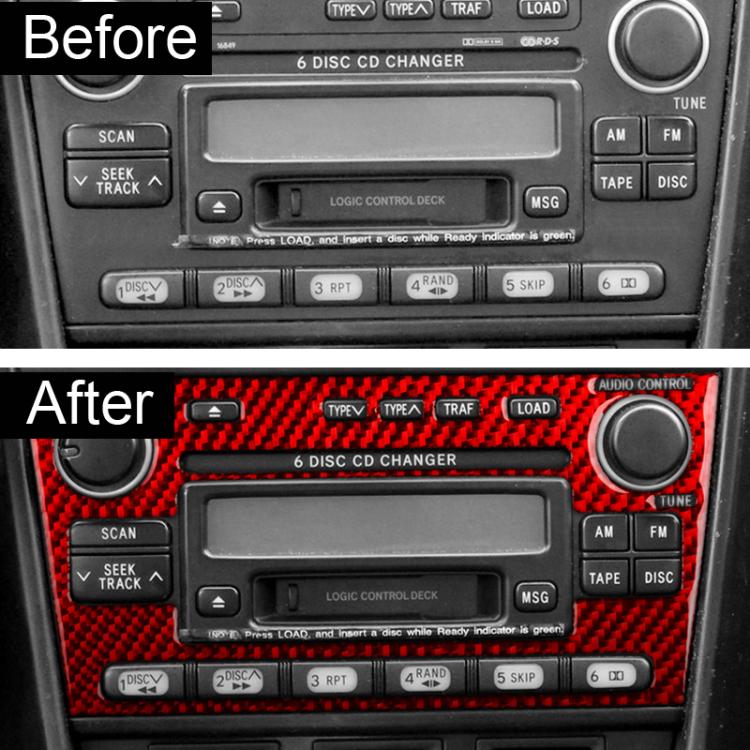 Car stereo center with black-to-red radio panel trim sticker, carbon-fiber style