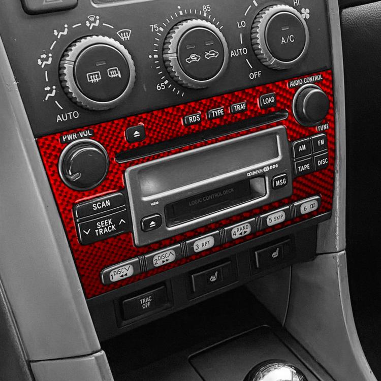 Red carbon-fiber car radio panel sticker applied to dashboard center console