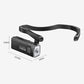Black rechargeable ear-mounted headlamp with rectangular LED light and head strap
