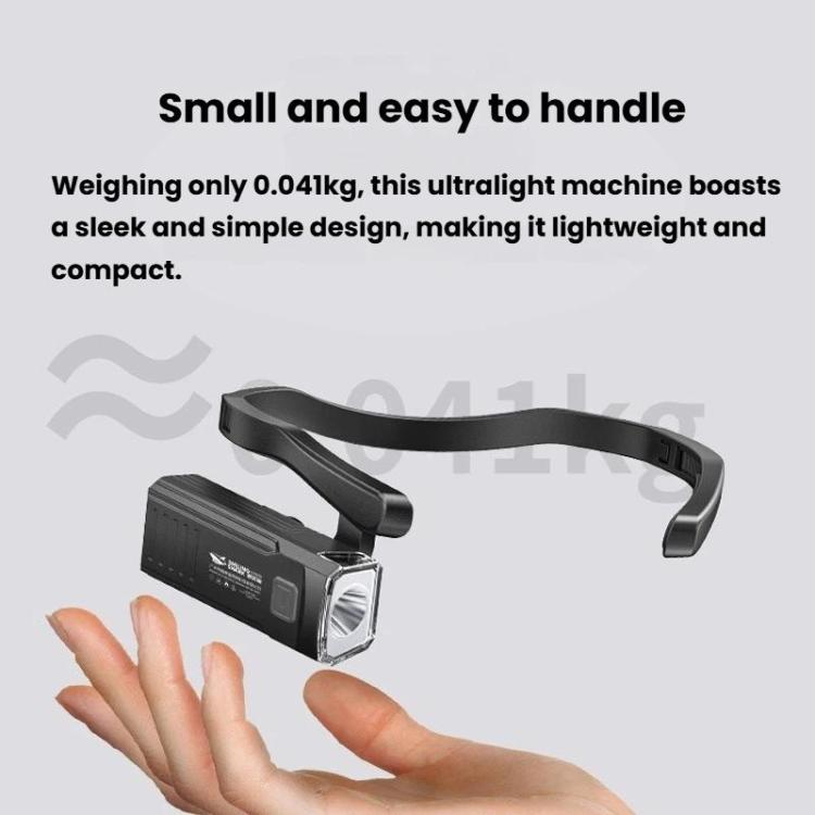Ultralight ear-mounted headlamp next to an open hand for size comparison