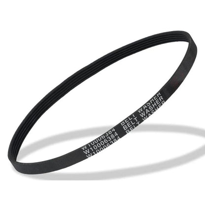 Black rubber multi-V elastic drive belt with ribbed grooves and printed part label