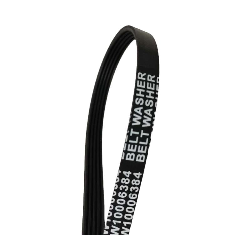 Black multi-V elastic belt with white printed WASHER BELT part text