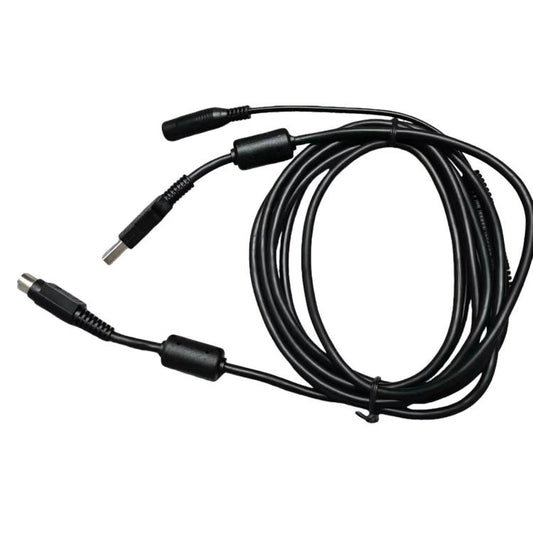 Coiled black power and data cable with USB and round power plug connectors
