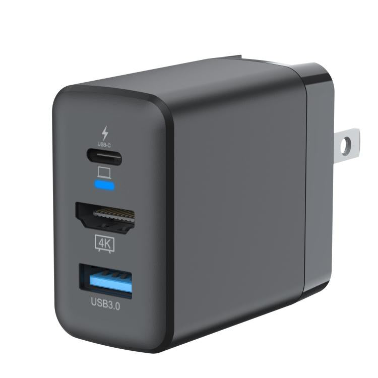 Black power dock adapter with USB-C, HDMI 4K, and USB 3.0 ports