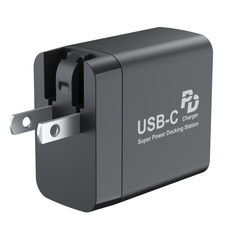 Black USB-C power docking station adapter with foldable US prongs