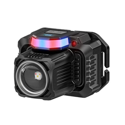 Black LED headlamp/zoom work light with front circular lens and display panel