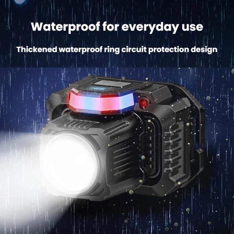 Black LED work light emitting a bright white beam from the round front lens