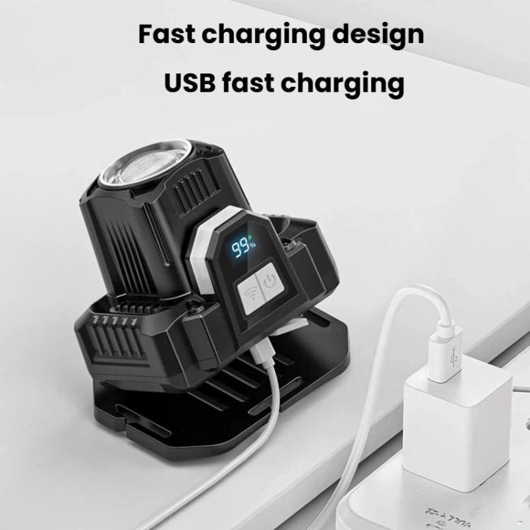 Rechargeable headlamp with digital status screen and USB charging stand