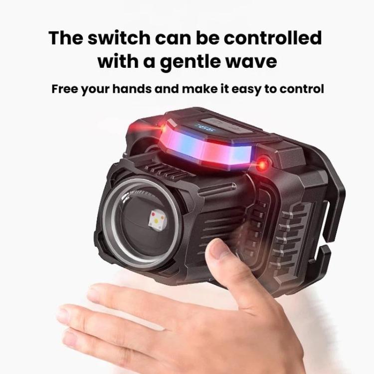 Black motion-sensing headlamp with glowing red switch indicator and front lens