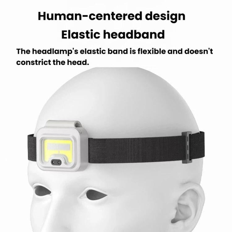 White LED headlamp worn with black elastic headband and front light module