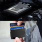 Carbon fiber metal tracker wallet holding cash and cards