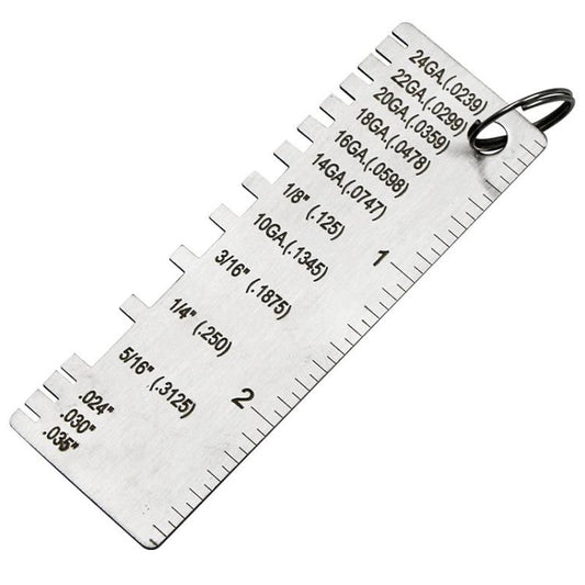 Stainless steel weld inspection thickness gauge with engraved scale and key ring loop