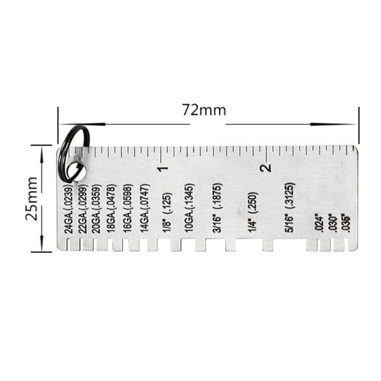 Stainless steel thickness gauge showing engraved slots, mm scale, and hanging key ring
