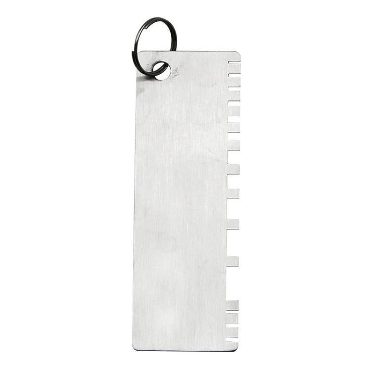 Stainless steel thickness gauge tag with vertical measurement marks and key ring