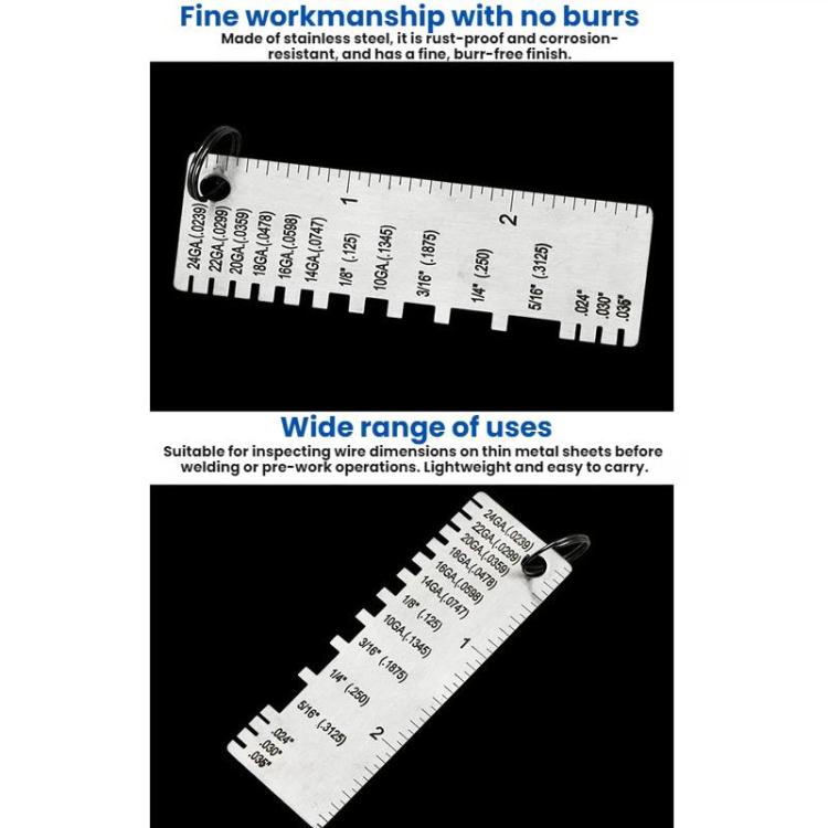 Stainless steel thickness gauge with engraved scale and key ring on rectangular card