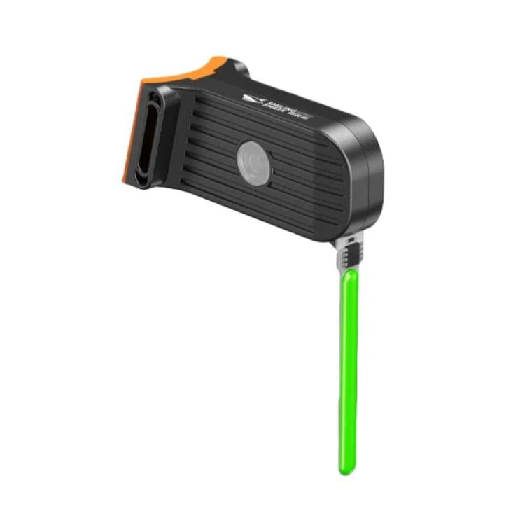 Outdoor bicycle tail light with green LED glow and black shark-shaped housing
