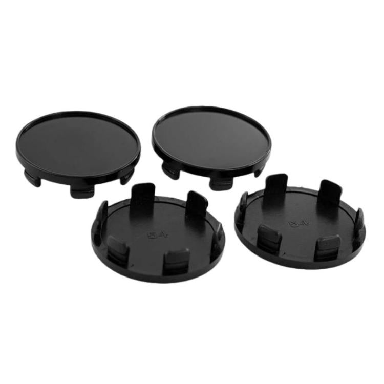 Set of 4 black wheel hub center caps, 54mm outer diameter, clip-on design.