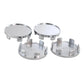 Set of 4 silver wheel hub center caps, 54mm outer diameter, clip-on design.