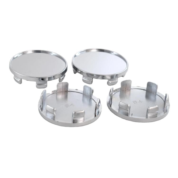 Set of 4 silver wheel hub center caps, 54mm outer diameter, clip-on design.