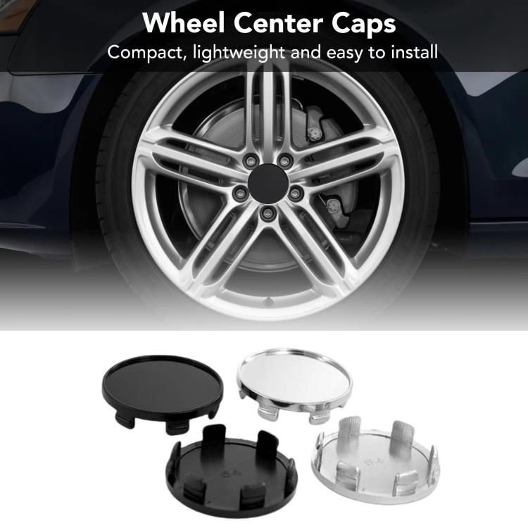 Car wheel with installed wheel hub center caps; black and silver set shown.