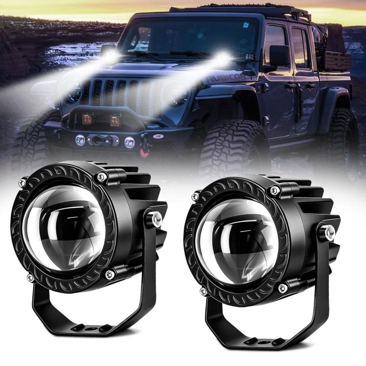 Pair of black round LED off-road spotlights with clear glass and front mounting bracket