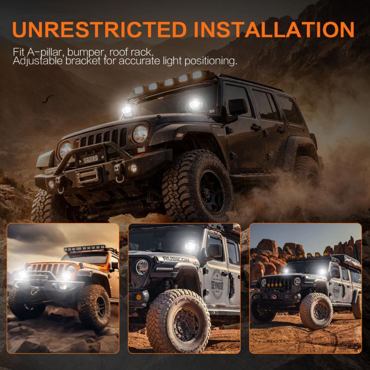 Off-road LED spotlight installation guide showing adjustable mounting bracket