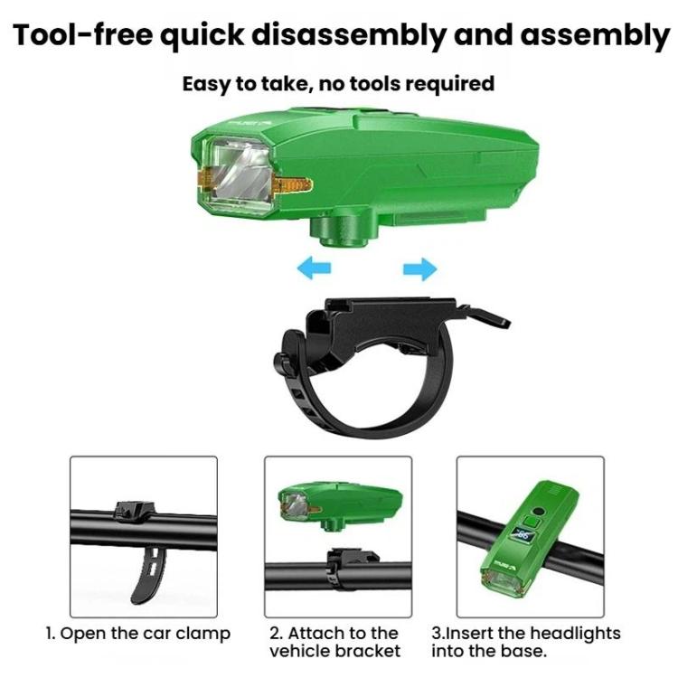 Green bike headlight with tool-free clamp mount and rotating base assembly