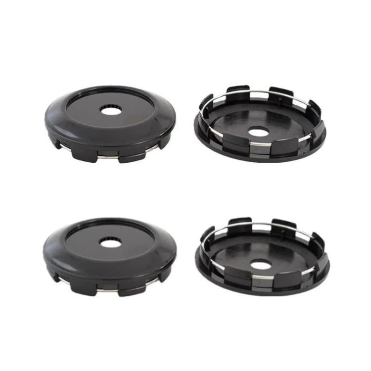 Set of 4 black wheel hub center caps with round center hole and snap-on tabs