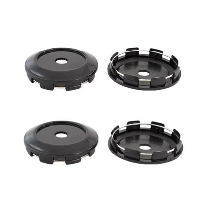 Set of 4 black wheel hub center caps with round center hole and snap-on tabs
