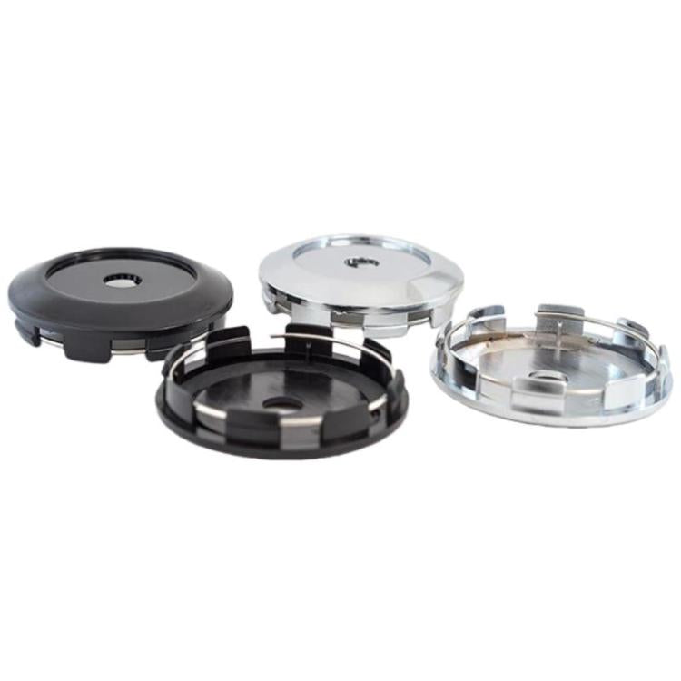 4-piece wheel hub center caps set in black and chrome finishes, with center holes