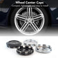 4 wheel center caps shown on hub, black and chrome finishes with round center holes