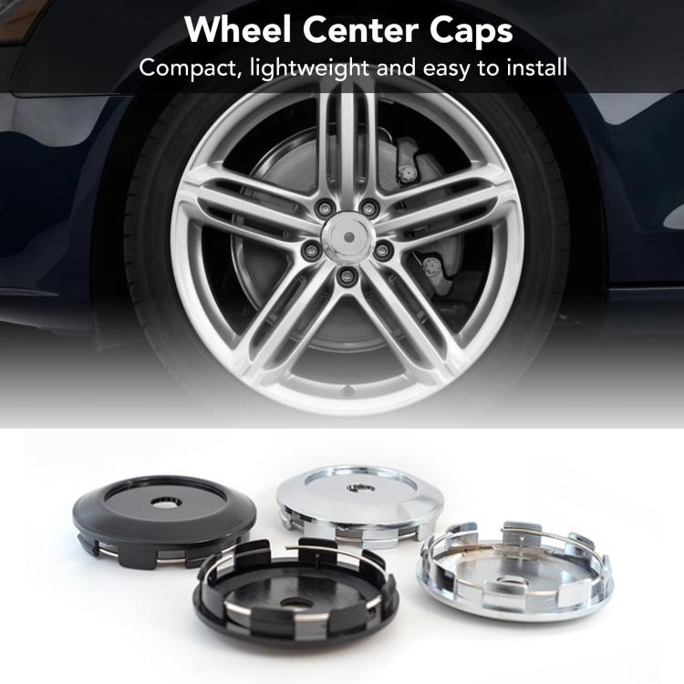 4 wheel center caps shown on hub, black and chrome finishes with round center holes