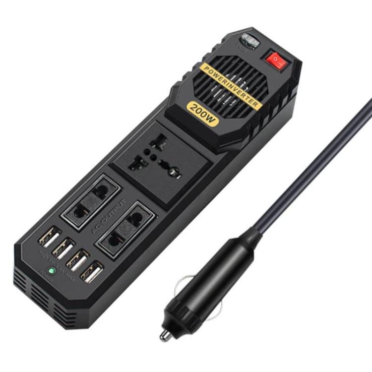 Black 200W car power inverter with AC sockets, USB ports, and cigarette lighter plug