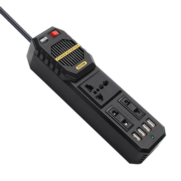 Black car inverter showing control panel with AC outlets, USB ports, and power switch
