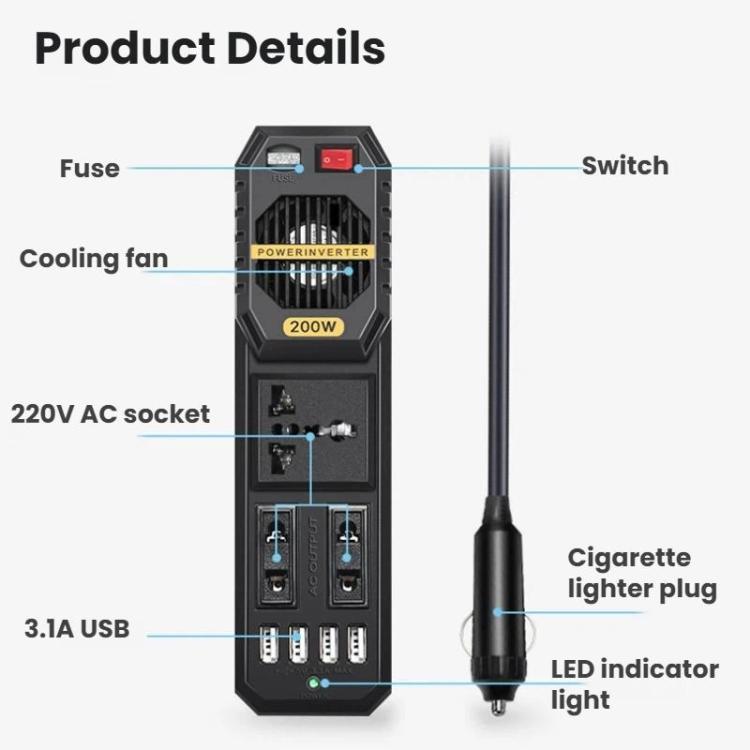 Car power inverter layout with fuse, cooling fan, 220V AC socket, USB, and switch