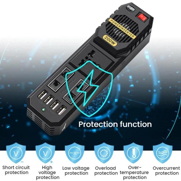 Black mini car inverter with protection function indicators and charging/output ports