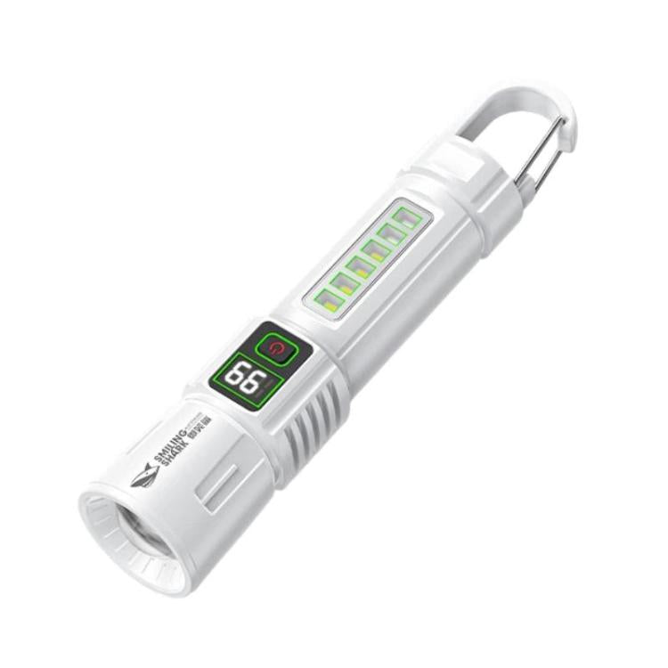 White portable LED flashlight with digital battery display and hanging hook