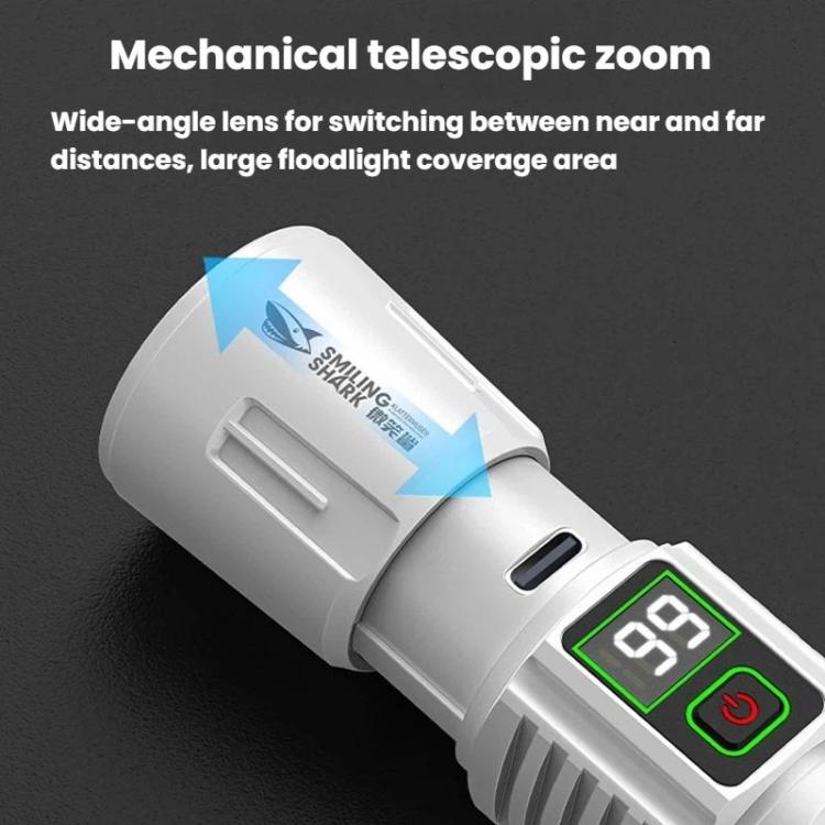 White telescopic LED flashlight with zoom lens head and control buttons