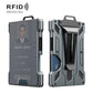 RFID badge holder wallet with clear window, dark gray metal shell, belt clip