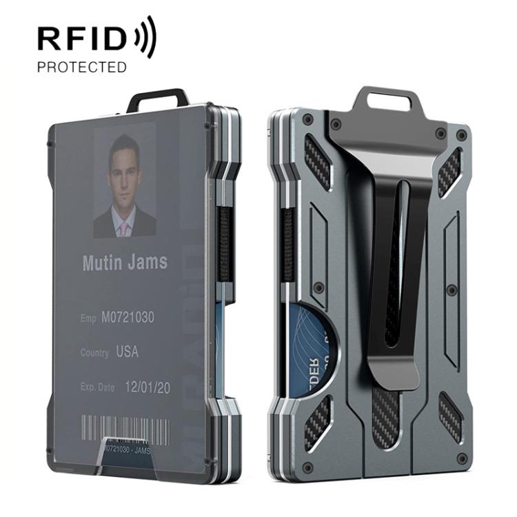 RFID badge holder wallet with clear window, dark gray metal shell, belt clip