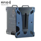 RFID badge holder wallet with clear window, blue metal shell, belt clip