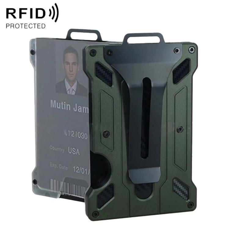 RFID badge holder wallet with clear window, green metal shell, belt clip