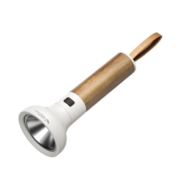 Portable LED flashlight with white head and wood handle, side switch on body