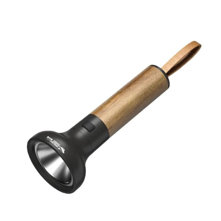 Portable LED flashlight with black head and wood handle, side switch on body