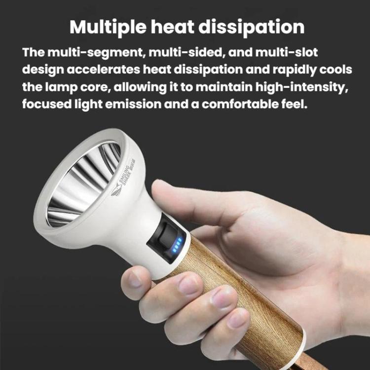 Handheld portable LED flashlight with wood handle and glowing switch indicator